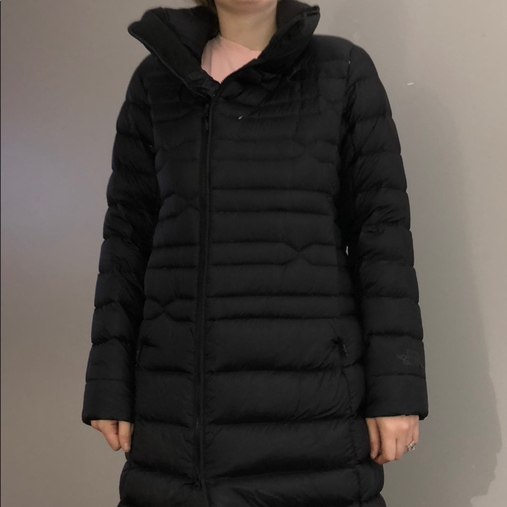 North face full length down feather black coat